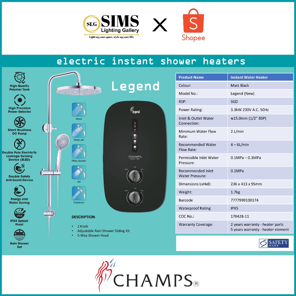 Champs Legend Instant Water Heater With Rain Shower and Booster Pumps ...
