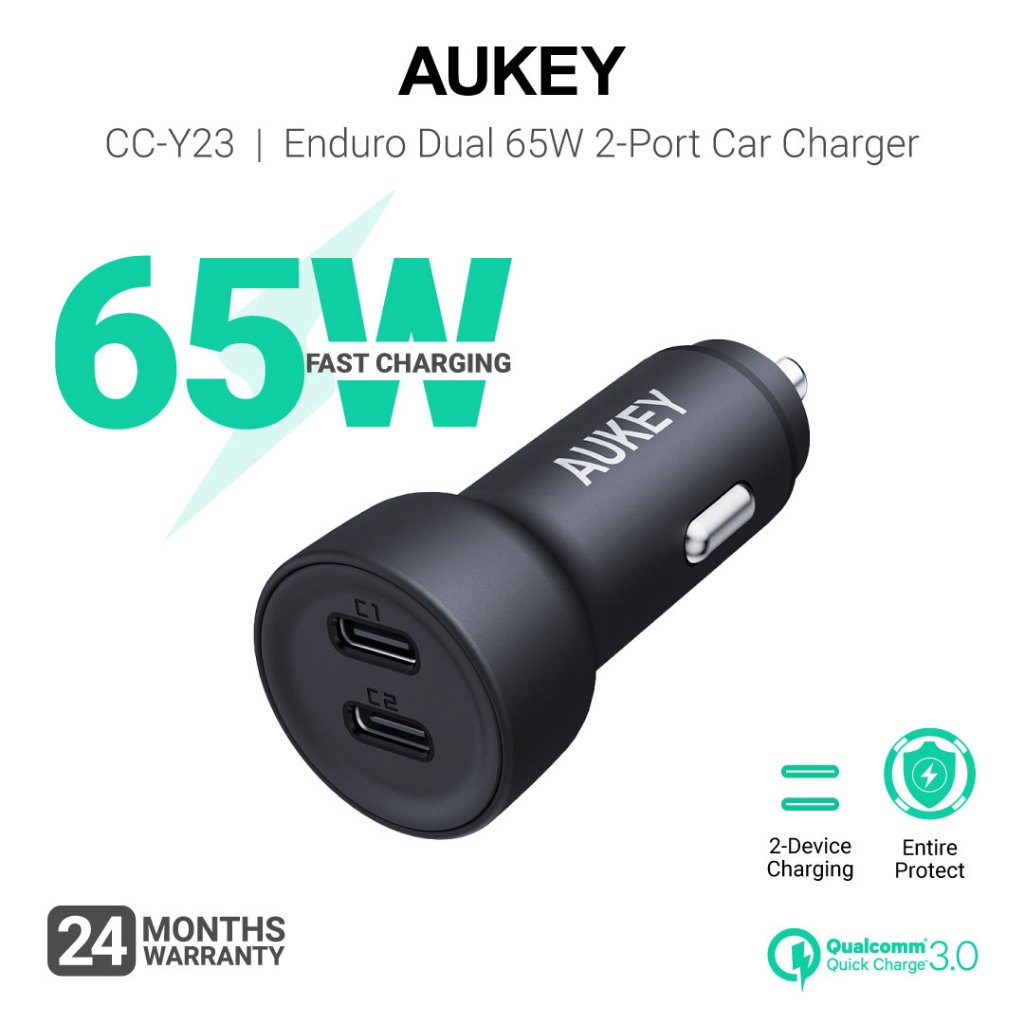 Aukey CC Y23 Enduro Dual 65W 2 Port Car Charger Black Shopee Singapore