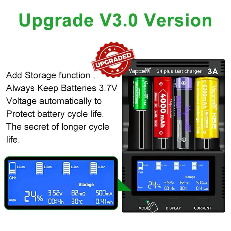 Vapcell S4+ V3.0 Smart Intelligent 3A 4-slot 12A Fast Charge Power ...