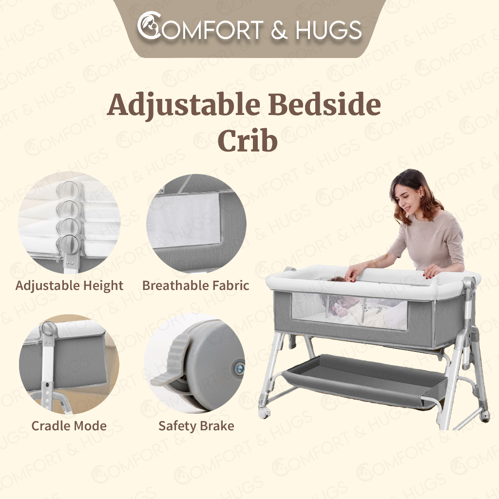 Comfort and Hugs Baby Bedside Crib Adjustable Height Portable Crib with