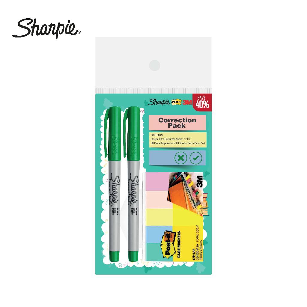 Sharpie Ultra Fine Green Marker 2s & Post-it Page Marker 5 Pads 15mm x ...