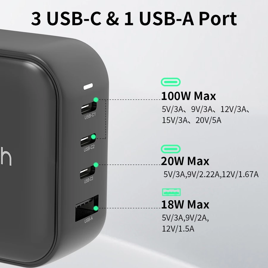 Airdroptech charger USB-C and USB-A ports