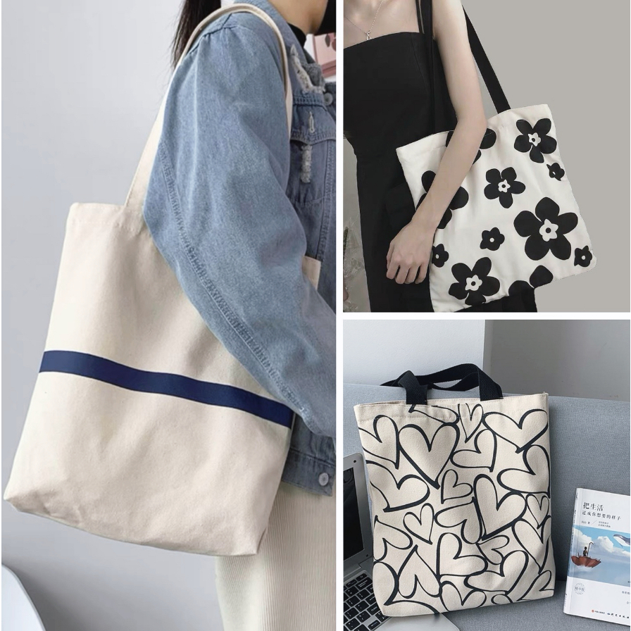 Ready Stock Fashion Trendy Prints Canvas Tote Bag Casual Shoulder Bag Shopping Bag Student Tuition Bag