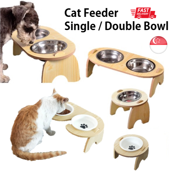 Wooden pet bowl holder Adjustable neck guard cat food bowl Double bowl  Ceramic cat bowl holder anti-upset dog food bowl holder
