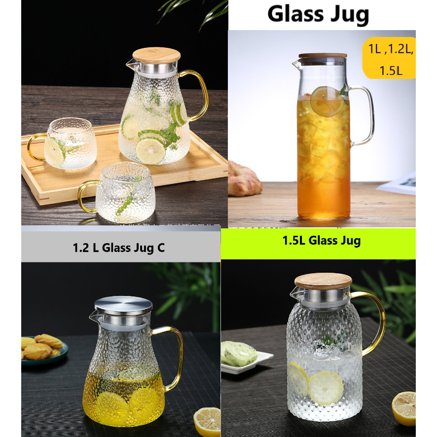 1.7L Glass Water Pitcher with Handle Bamboo Lid Heat Resisttant Cold Hot  Kettle Large-capacity Tea Pitcher Water Juice Jug Cups