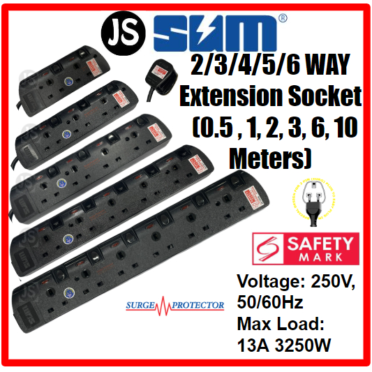 Sum 2 3 4 5 6 Way Black Extension Socket (0.5,1,2, 3, 6,10 Meters) With 