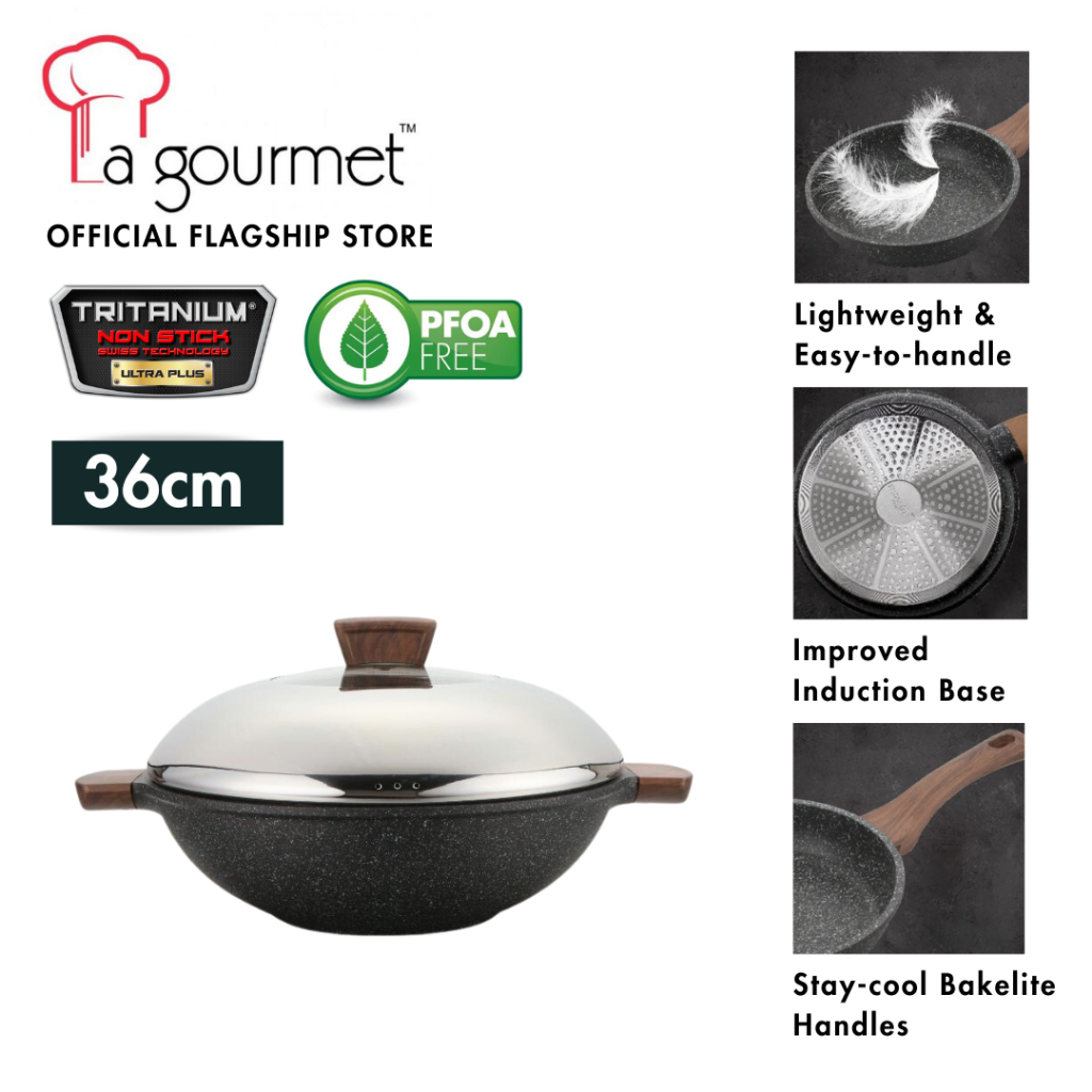 La gourmet 36cm Light Cast Iron Wok with Glass Lid (6.2L)