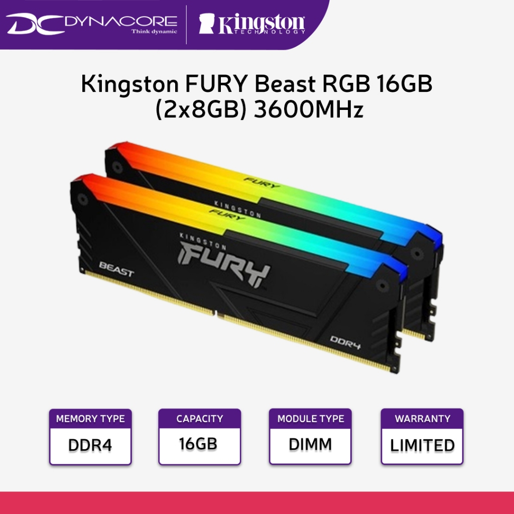 Kingston FURY Beast RGB 16GB (2x8GB) 3600MHz DDR4 CL17 Desktop Memory ...
