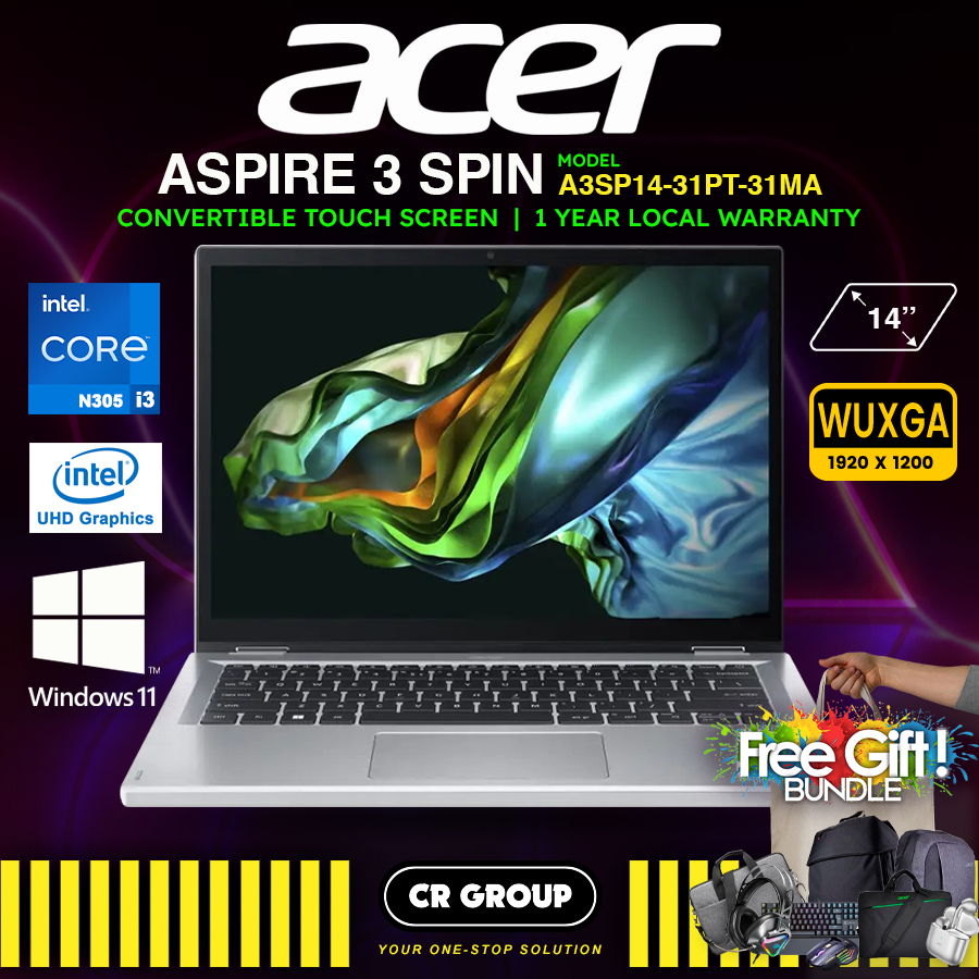 Acer Aspire 3 Spin 14 Convertible Laptop, 14 1920 x 1200 IPS Touch  Display, Intel Core i3-N305, Intel UHD Graphics, 8GB LPDDR5, 128GB SSD, Wi-Fi 6