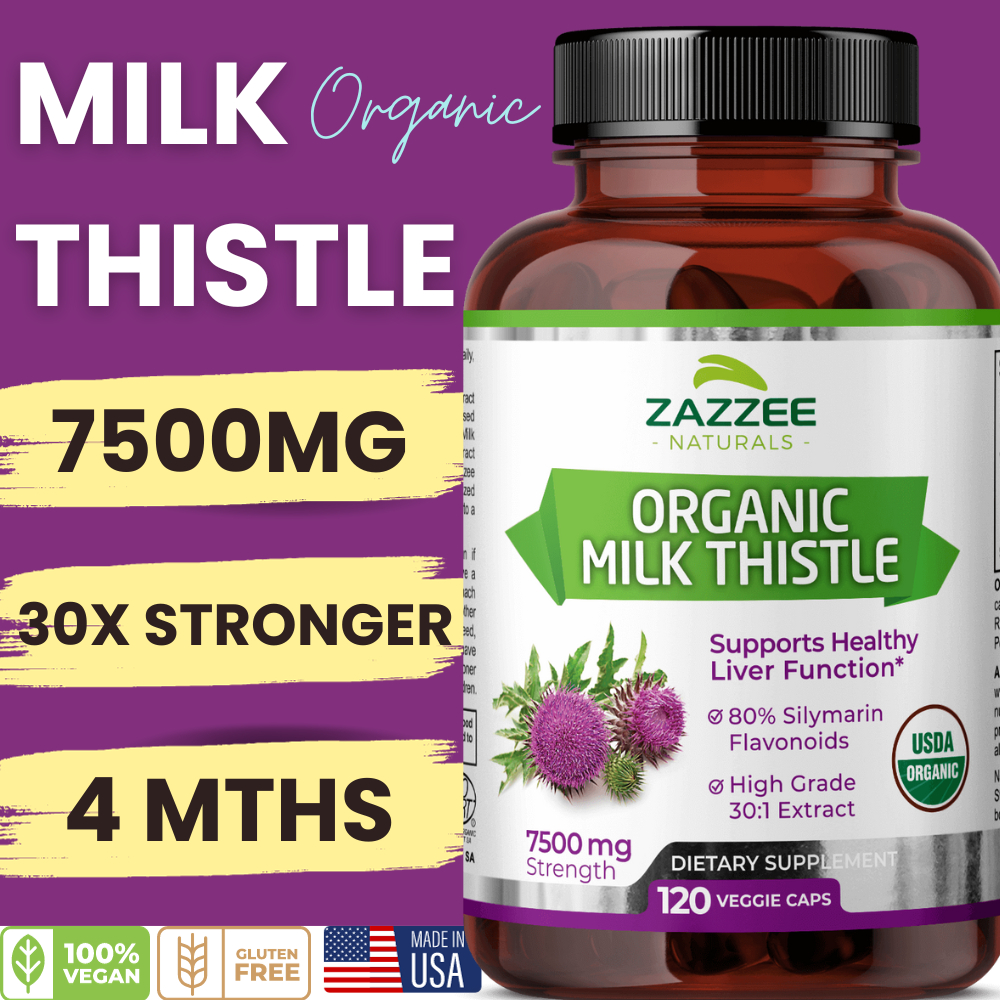 Zazzee Organic Milk Thistle 7500mg 30X Stronger 80 Silymarin Flavonoids Liver Detox Supplement
