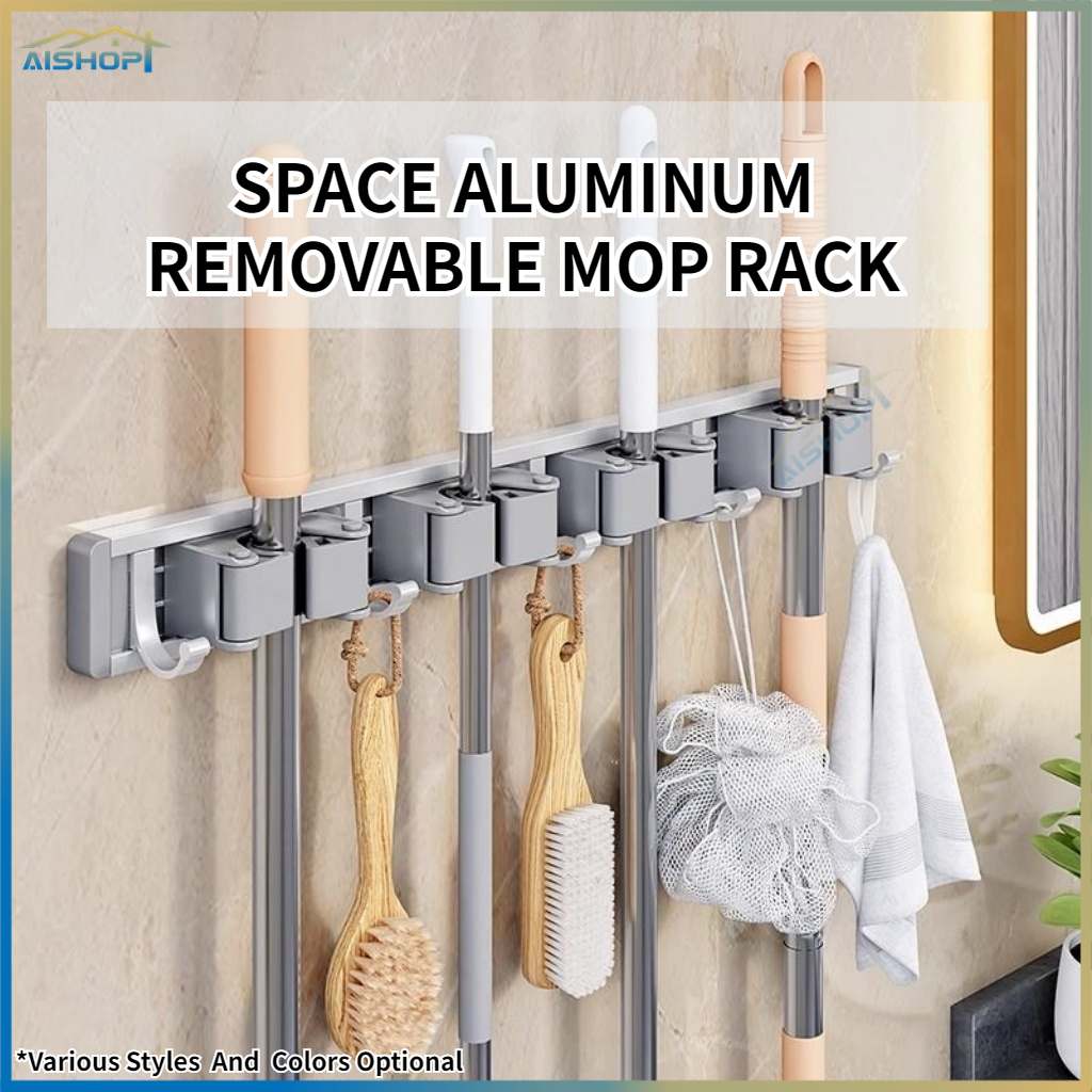[SG Seller]Aluminum Free Punch Mop Rack Wall Mounted Self Adhesive ...