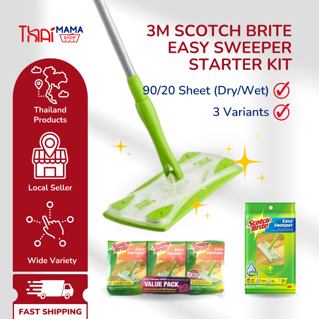 3M Scotch Brite Easy Sweeper Mop Kit 90 Dry Sheets/20 Wet Sheets