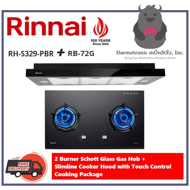 Rinnai RB72G + RHS329PBR 2 Burner Glass Hob + Slimline Hood Cooking