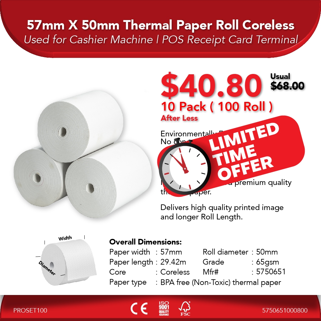 57mm X 50mm 65gsm Thermal Paper Roll Coreless | 10 Pack ( 100 Roll ...