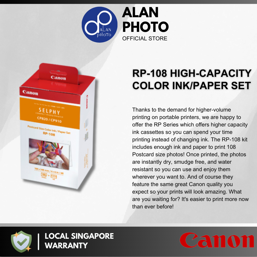 Canon RP-108 High-Capacity Color Ink/108 sheets Paper set for