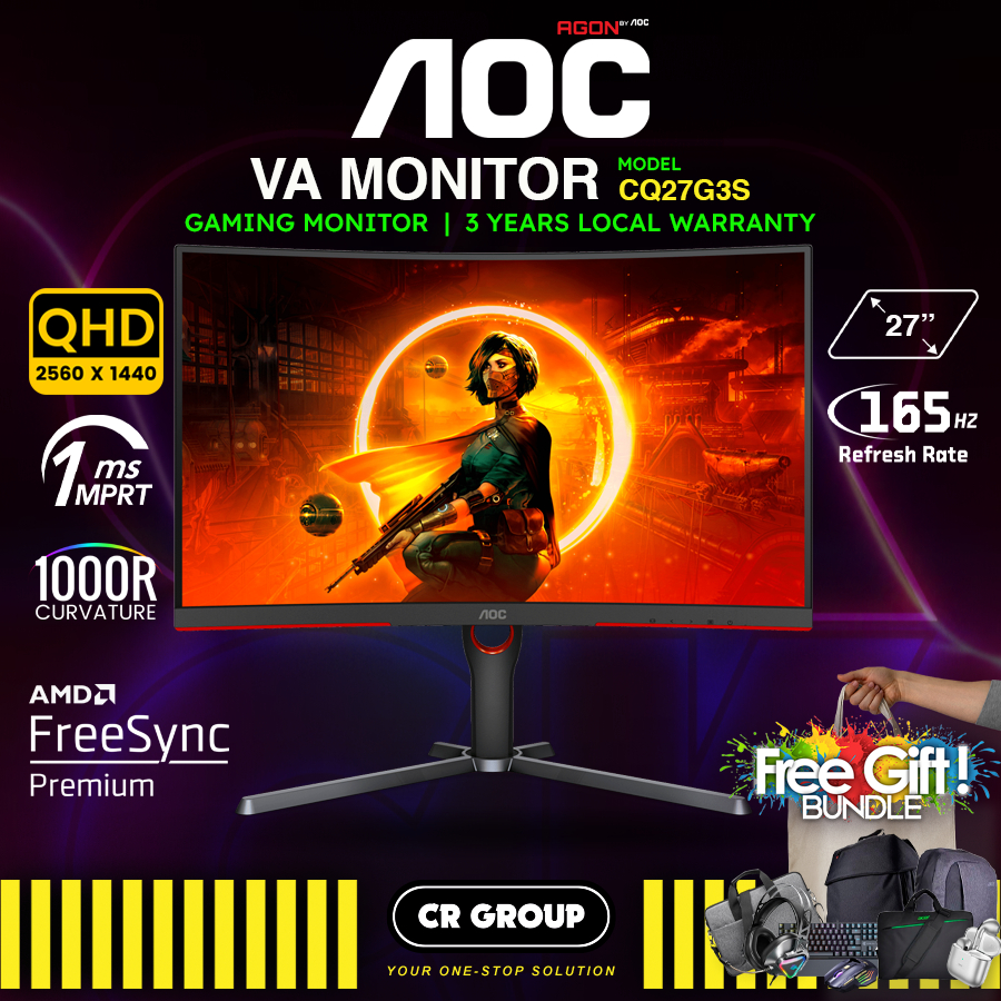 AOC GAMING CQ27G3S Frameless Curved Gaming Monitor, QHD 2K 2560x1440, 1000R  VA, 165Hz 1ms, FreeSync Premium ,Black