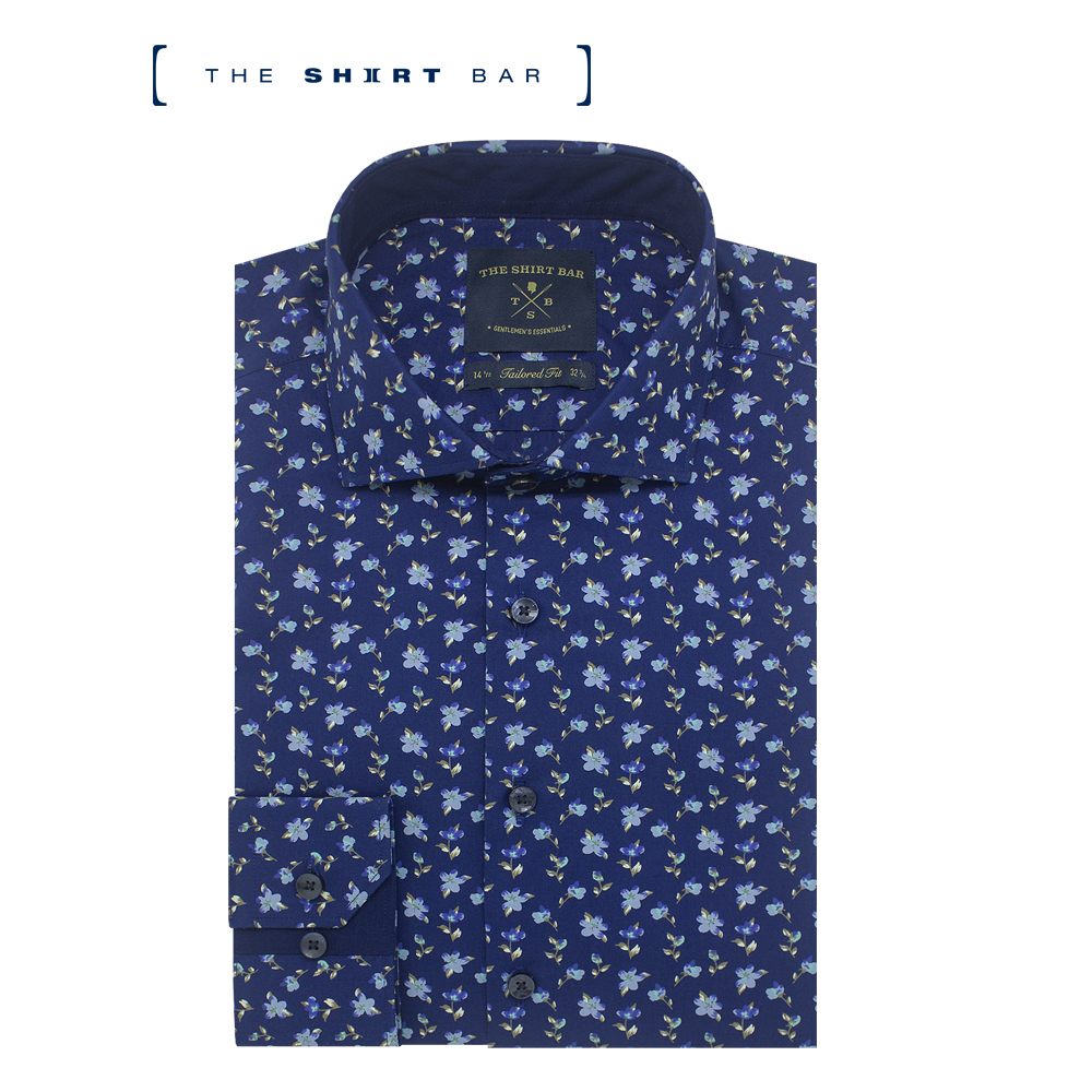 Tailored Fit Long Sleeve Shirt - Blue & Brown Abstract Watercolour