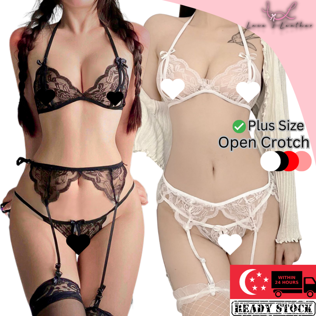 Landl Lingerie Women Sexy Lace Open Breast Bra Open Crotch Thongs Garter