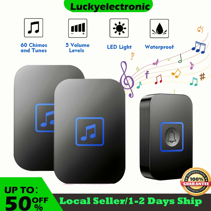Wireless Doorbell With 2 Push Buttons, Waterproof Door Bell Chimes 1300 Ft Range 58 Door Chimes 5 Volume Levels Mute Mode Led Flash Light For Home Office
