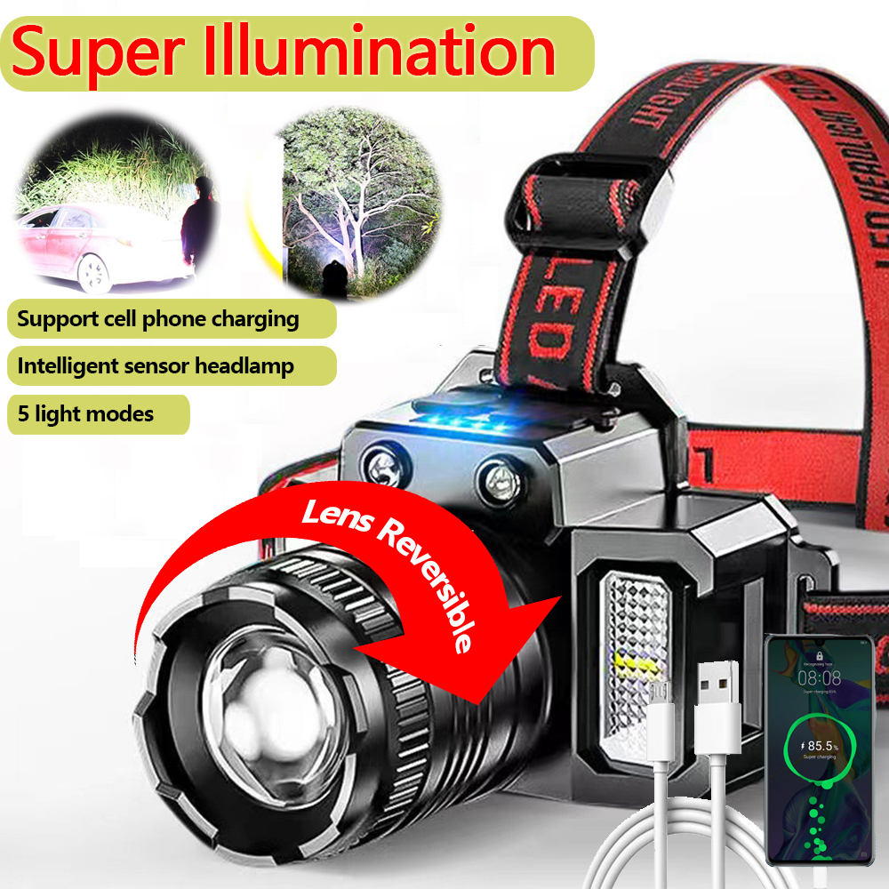LED Headlight with Warning Dual Side Lights USB Rechargeable Super ...