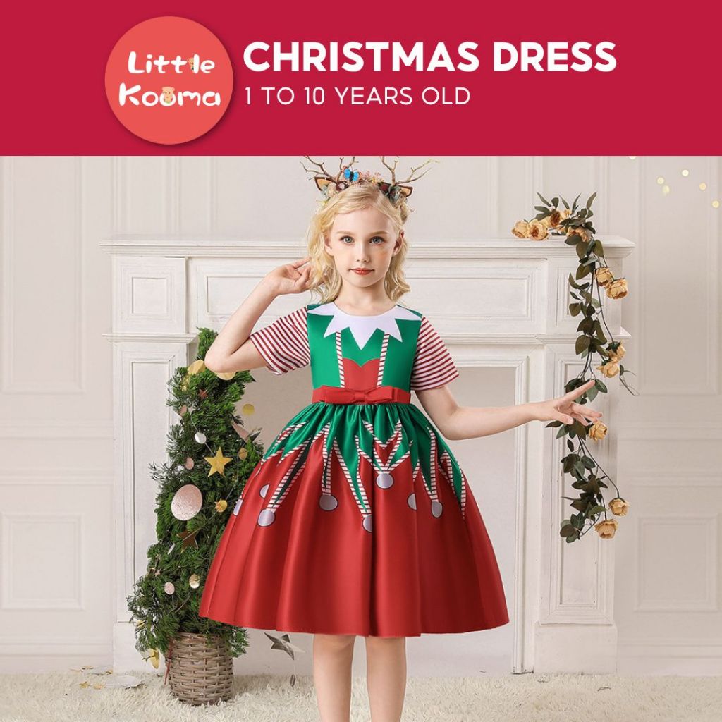 Kids Girls Short Stripe Sleeves Dress Red n Green Big Bowtie Christmas  Outfit w Zip | Shopee Singapore