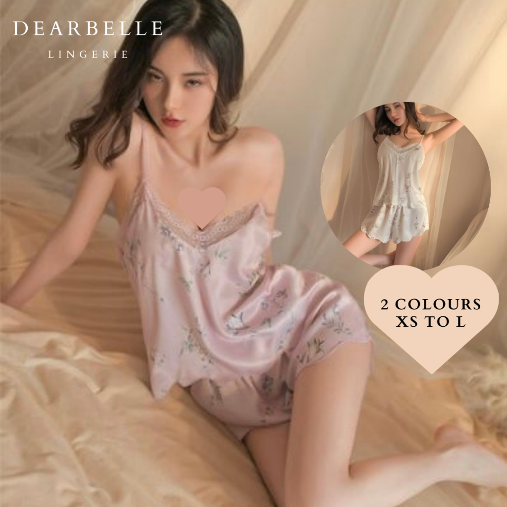 SG💎DearBelleLingerie /SECRET GARDEN/ Floral Smooth Satin Two Piece Set Lingerie  Sleepwear Lace Pajamas Silk Night Dress