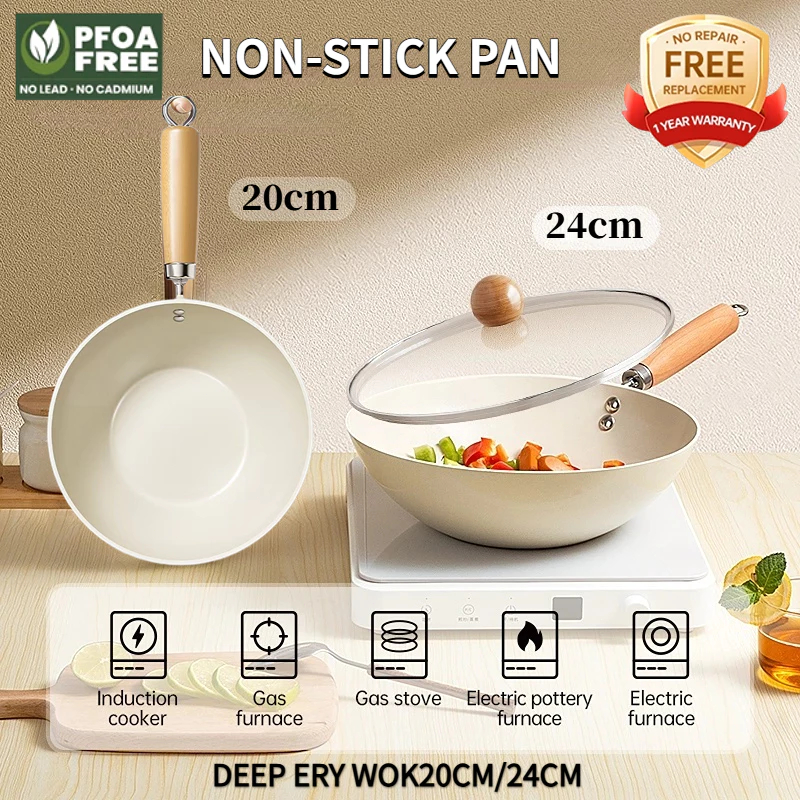 🔥SG Fast 🔥Non Stick Ceramic Wok With Lid Suitable For All Stoves Non ...