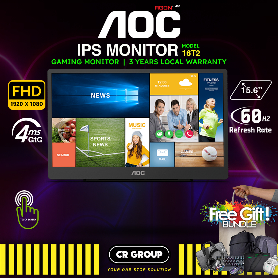 AOC 16T2 Portable Touchscreen Monitor - 15.6 inch FHD IPS - 10-point touch  - Smart Cover/Stand included (3Yrs Agent) | Shopee Singapore