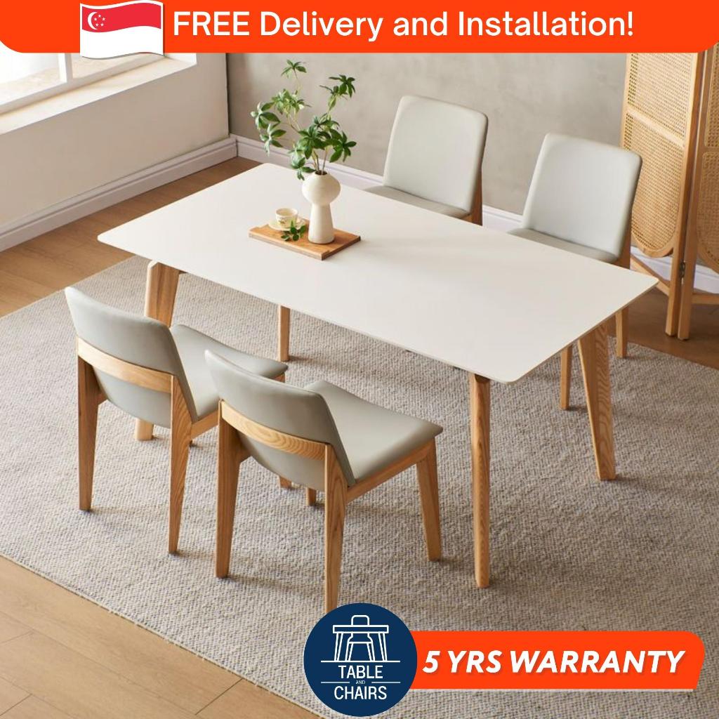 [SG] Rectangular Wooden Dining Table Set Sintered Marble & Chairs 1