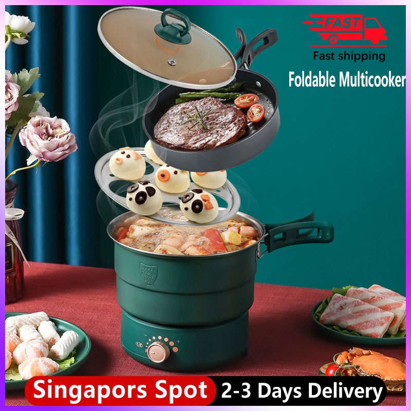 Electric Travel Cooking Pot Foldable Multicooker Frying Pan 1.6L Hot Pot Food Steamer Rice