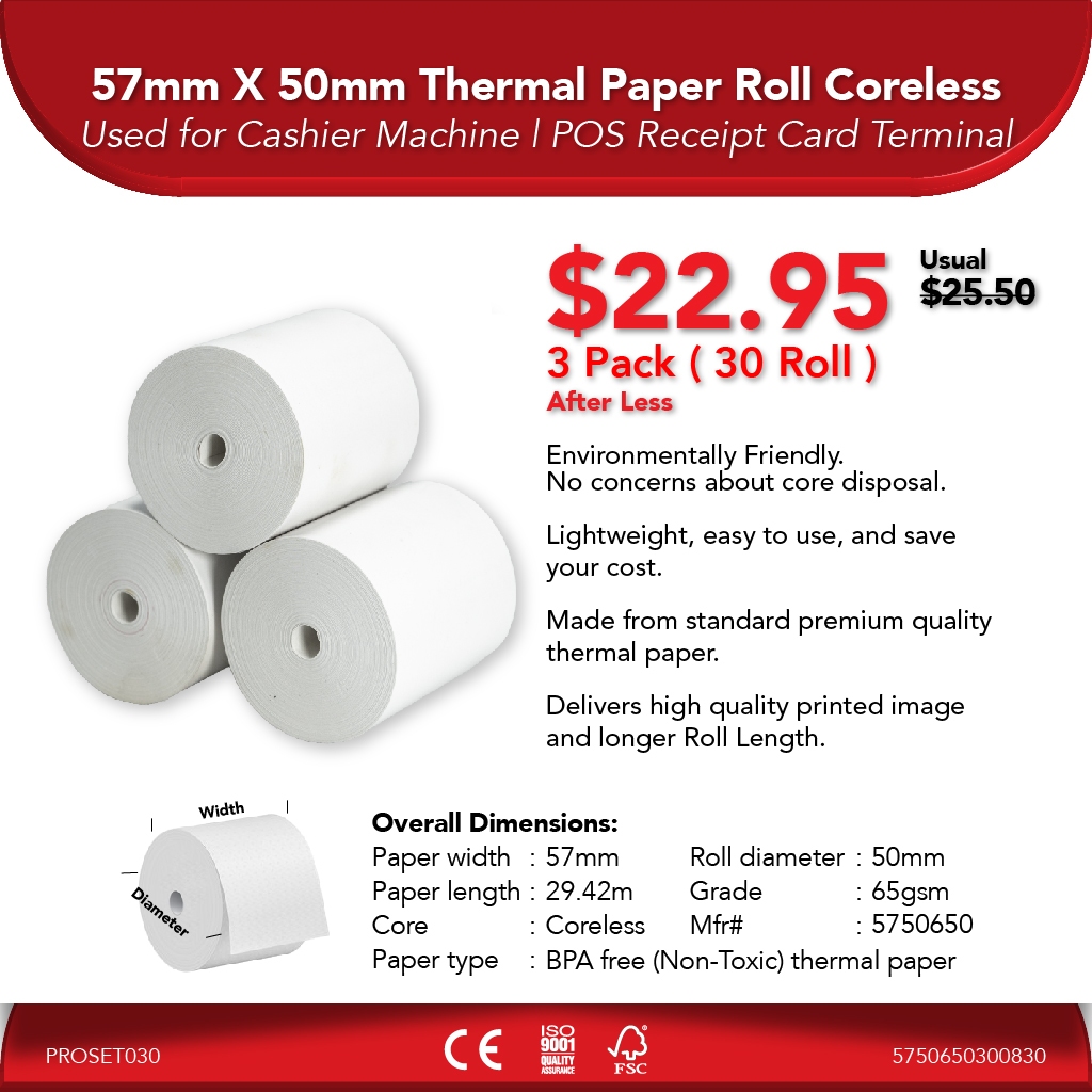 57mm X 50mm 65gsm Thermal Paper Roll Coreless | 3 Pack ( 30 Roll ...