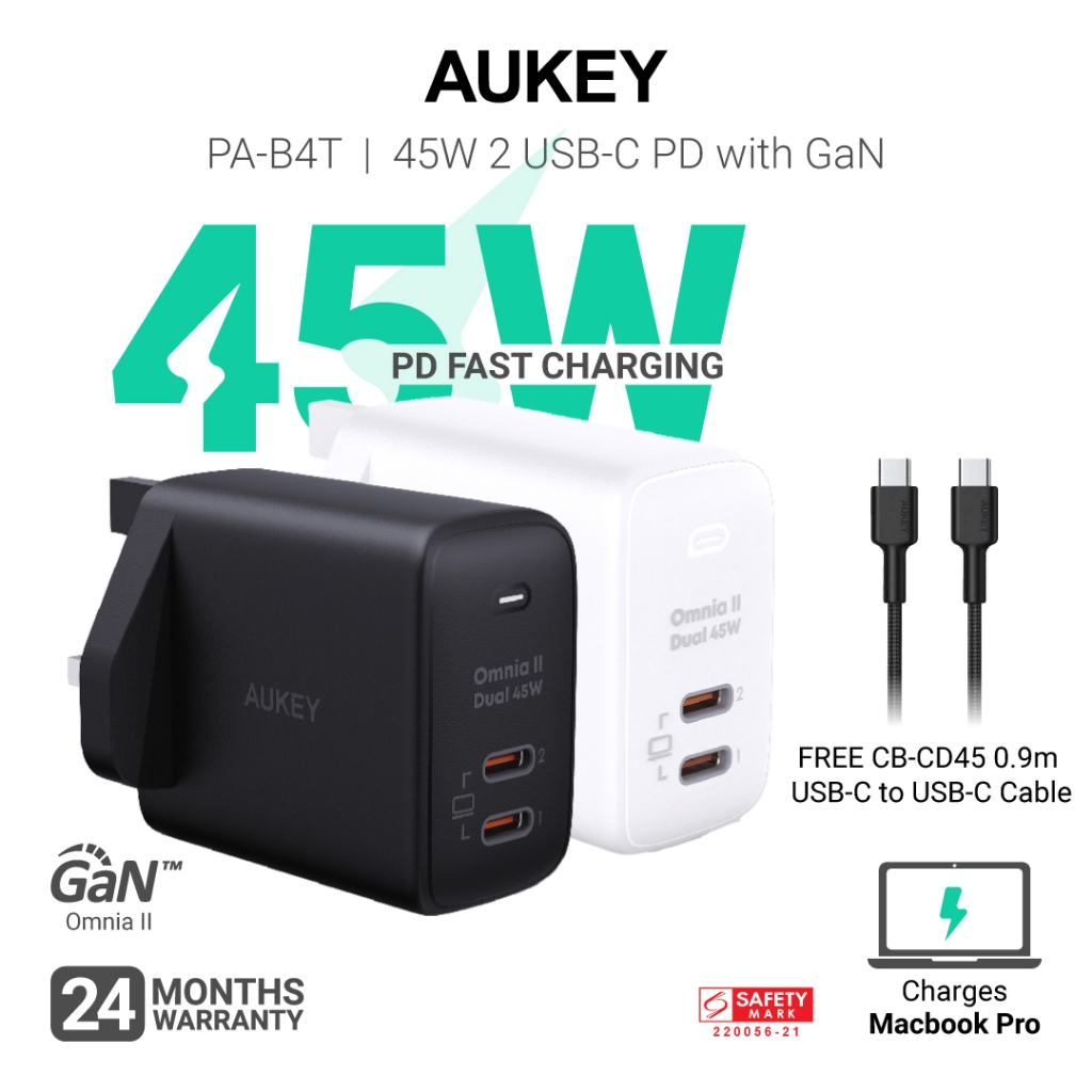 Aukey PA-B4T Omnia ll Dual-Port USB-C 45W PD Wall Charger with GaN ...