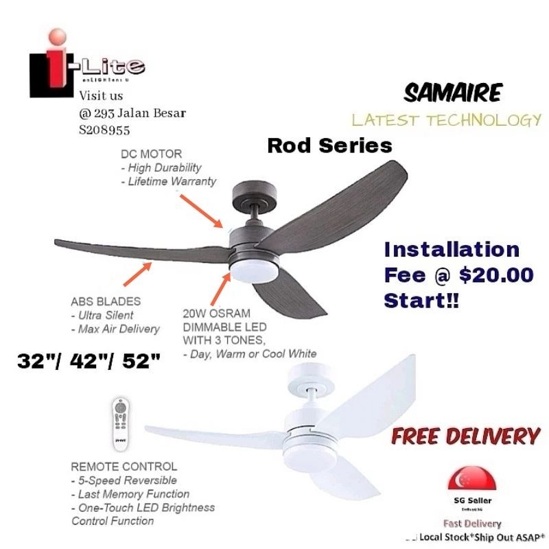 SAMAIRE CEILING FAN ROD SERIES 3 BLADES DC CEILING FAN WITH 20W