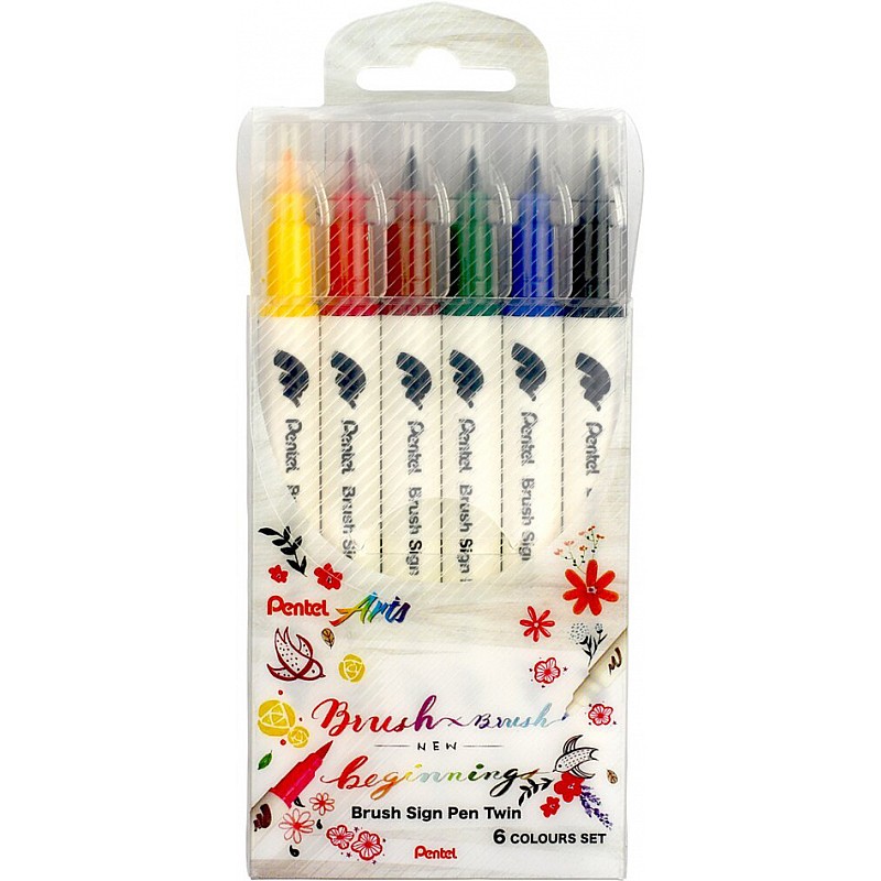 Pentel Brush Sign Pen Twin (Sets of 6 colours) | Shopee Singapore