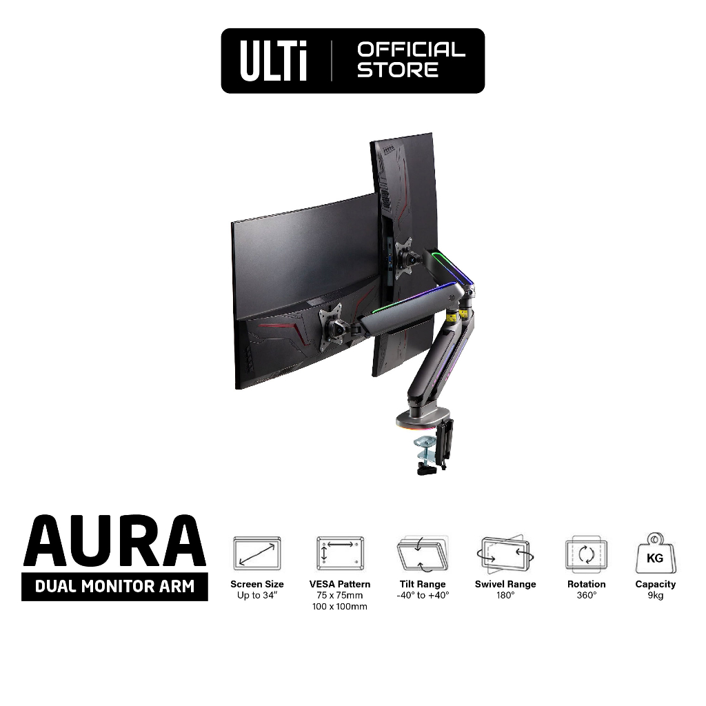 ULTi AURA RGB Dual Monitor Arm Compatible with most 34 inch Monitors VESA 75x75mm & 100x100mm