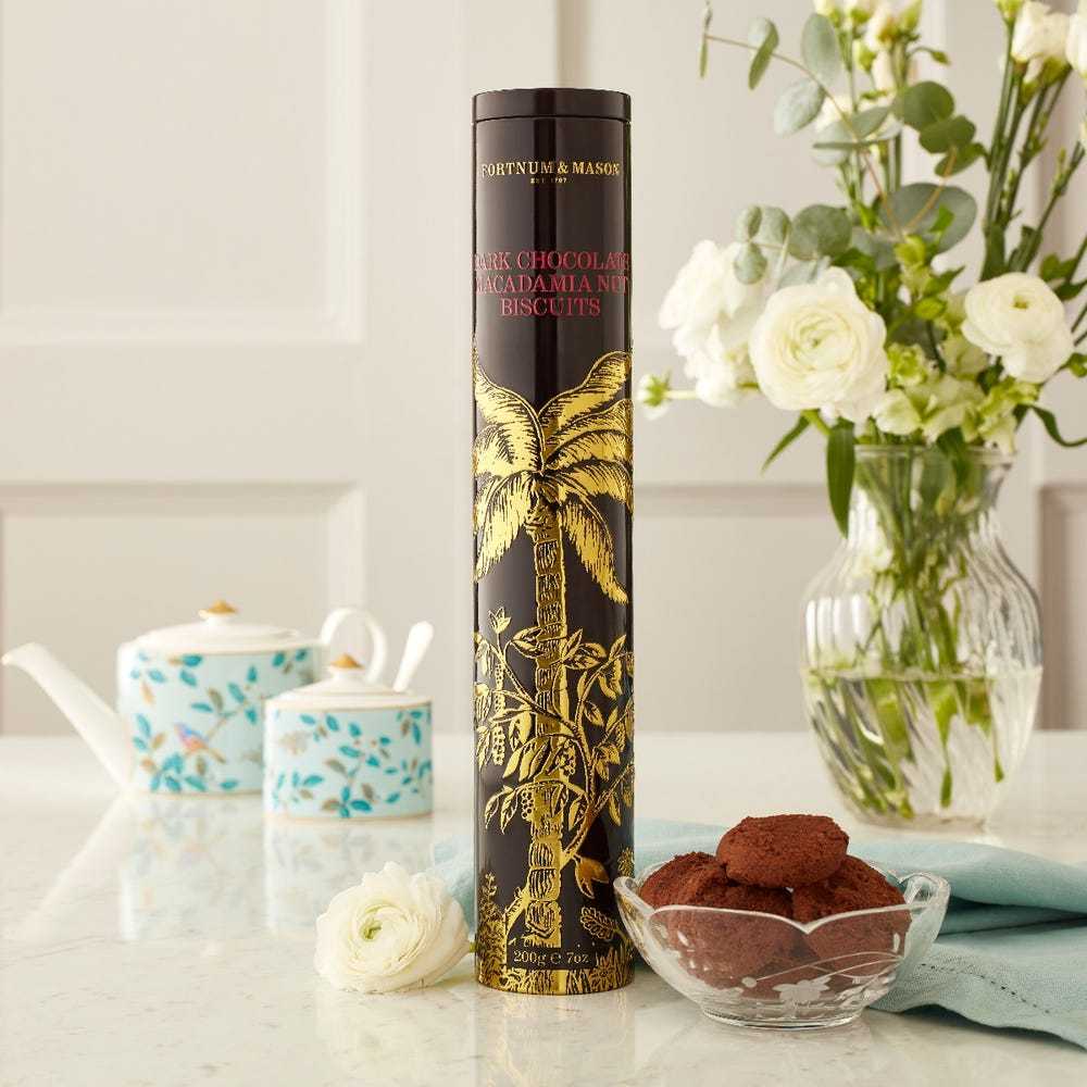 FORTNUM AND MASON DARK CHOCOLATE MACADAMIA NUT BISCUITS / COOKIES (TALL