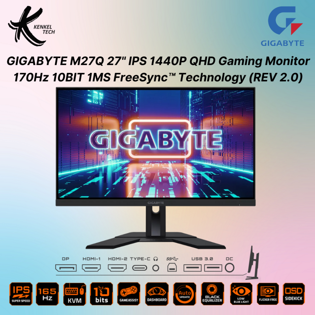 GIGABYTE M27Q 27” IPS QHD 1440P 170Hz KVM Gaming Monitor 10BIT 1MS ...