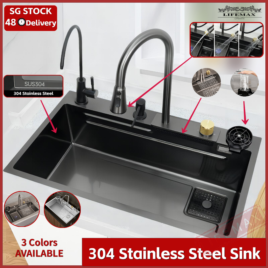 (SG LOCAL STOCK/48H DELIVERY)Black/ Nano Kitchen Sink 304 Stainless ...
