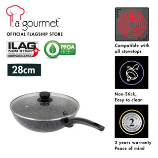 Carote Light Granite Non Stick Frying Pan Large Capacity Healthy Fry Pan  Kuali with Lid Spouts PFOA Free Suitable All Stove Including Induction  (20/24/28CM,Cosy Collection)