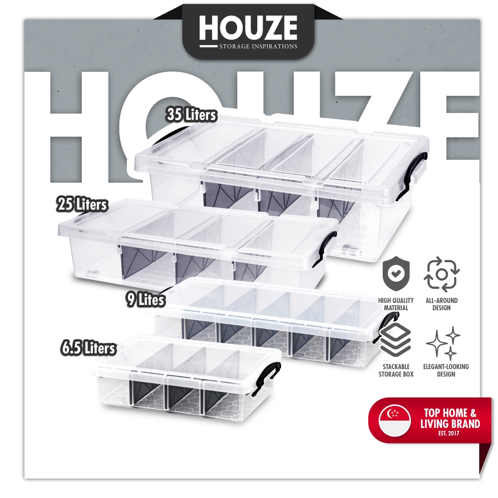 [HOUZE] 'LOW PROFILE' Underbed Storage Box with Removable Dividers 6.5L9L25L35L Plastic