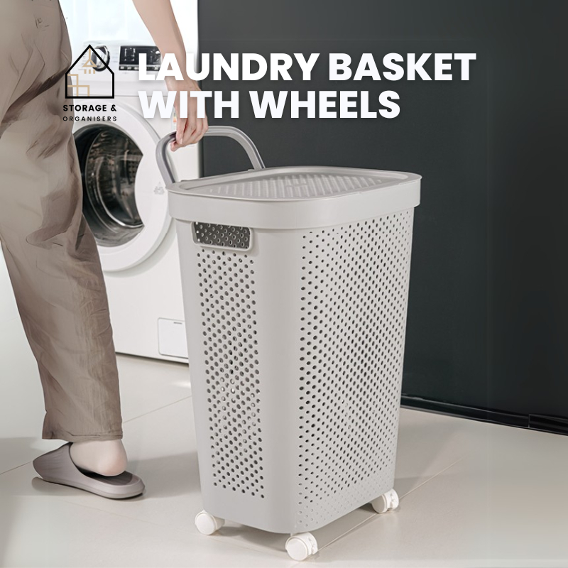 [Ready Stock] PP Laundry Basket With Wheels 60L Large Hamper Clothes ...