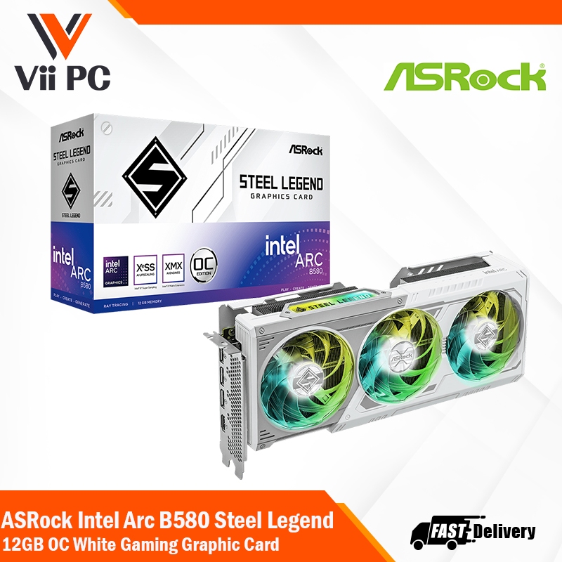 ASRock Intel Arc B580 Steel Legend 12GB OC White Triple RGB Fan Gaming ...