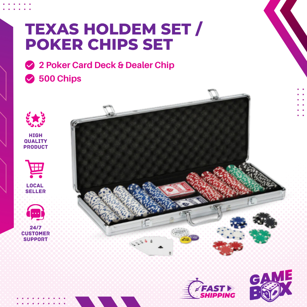 Texas holdem set / poker chips set (500 chips) with 2 poker card deck & dealer chip Shopee