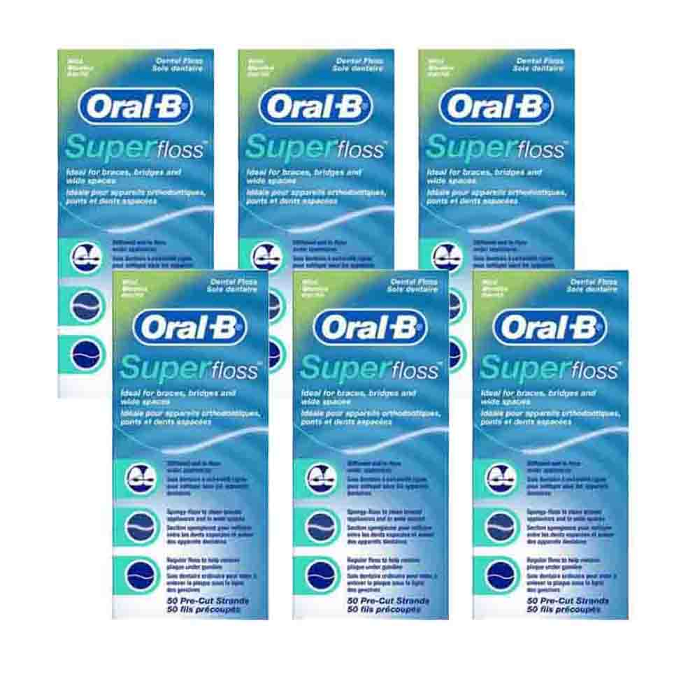 Oral-B Super Floss Mint Dental Floss for Braces Bridges - 50 Strips (Pack  of 6)