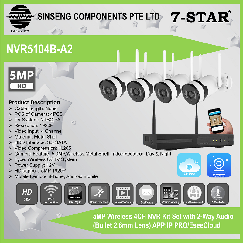 7-STAR* 5MP Wireless 4CH NVR Kit Set with 2-Way Audio (Bullet 2.8mm ...