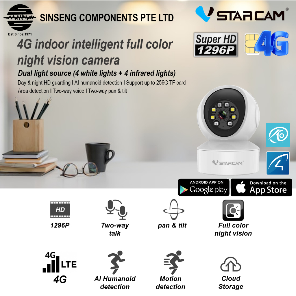 VStarcam 4G Sim Card 24/7 Recording Color Night Vision AI Smart IP