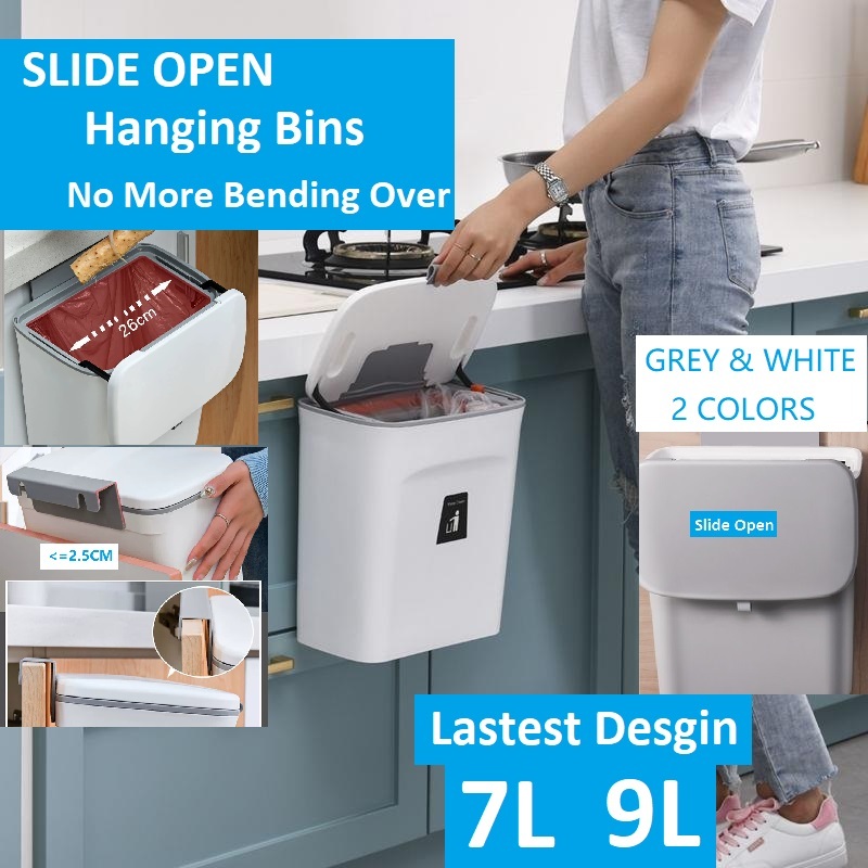 Kitchen Hanging Rubbish Bin w Slide Open Cover Waste Bin