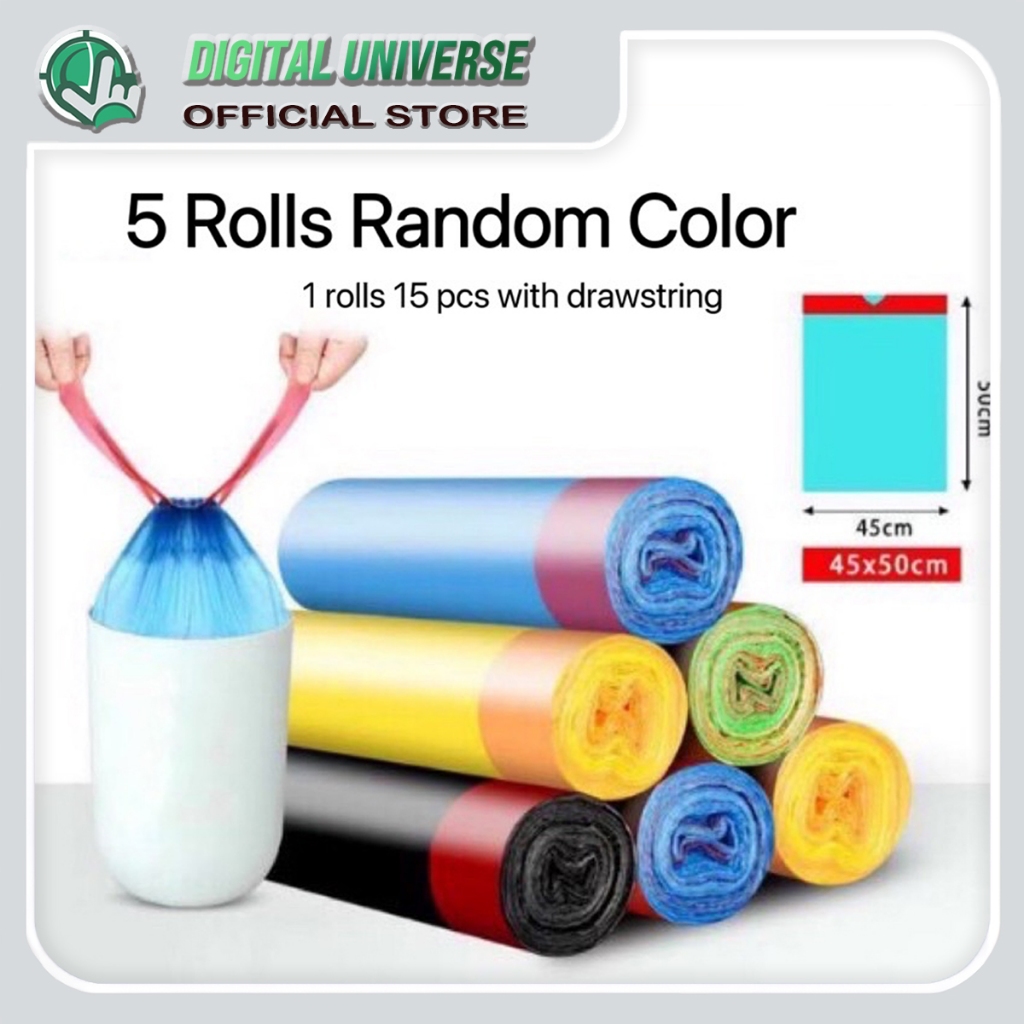 Drawstring Garbage Bag Trash Bag for Rubbish 5 Roll Pack Flat Top ...