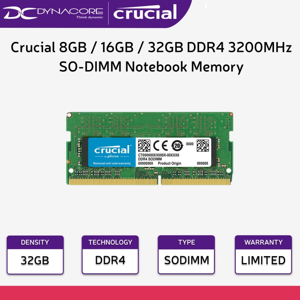 Crucial 32GB 16GB 8GB DDR4 3200MHz CL22 1.2V Non-ECC SODIMM, SO-DIMM ...