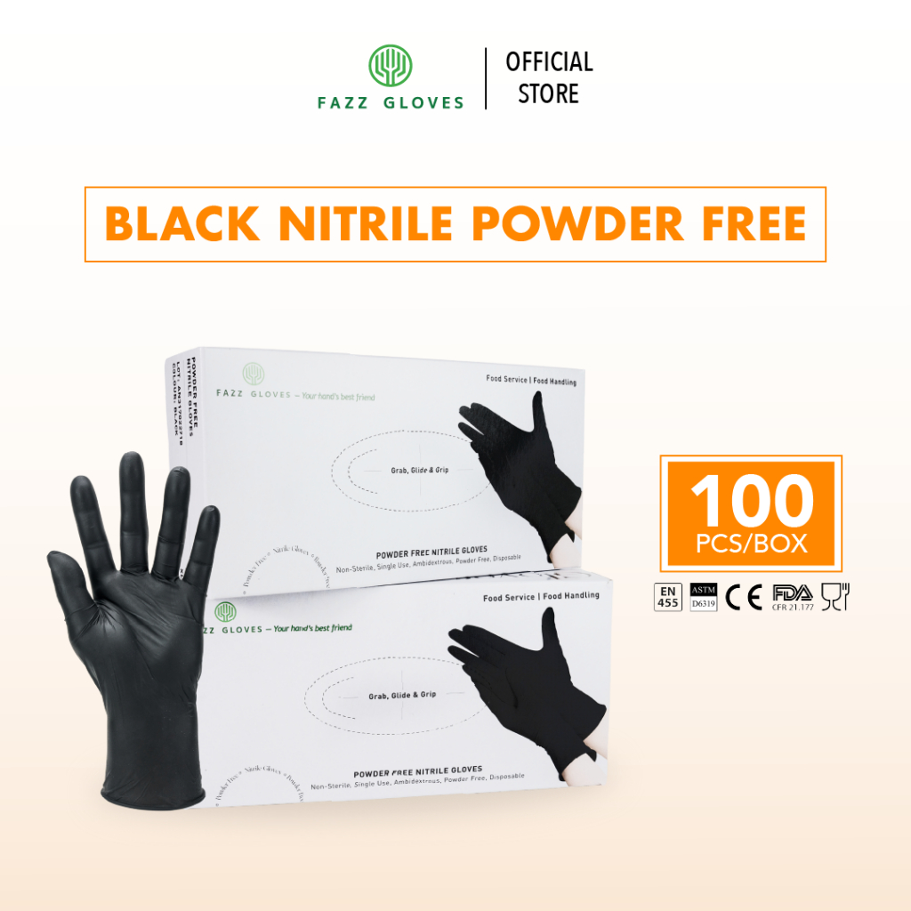 FAZZ GLOVES Nitrile Powder Free Glove, Black (100Pcs/Box) Food